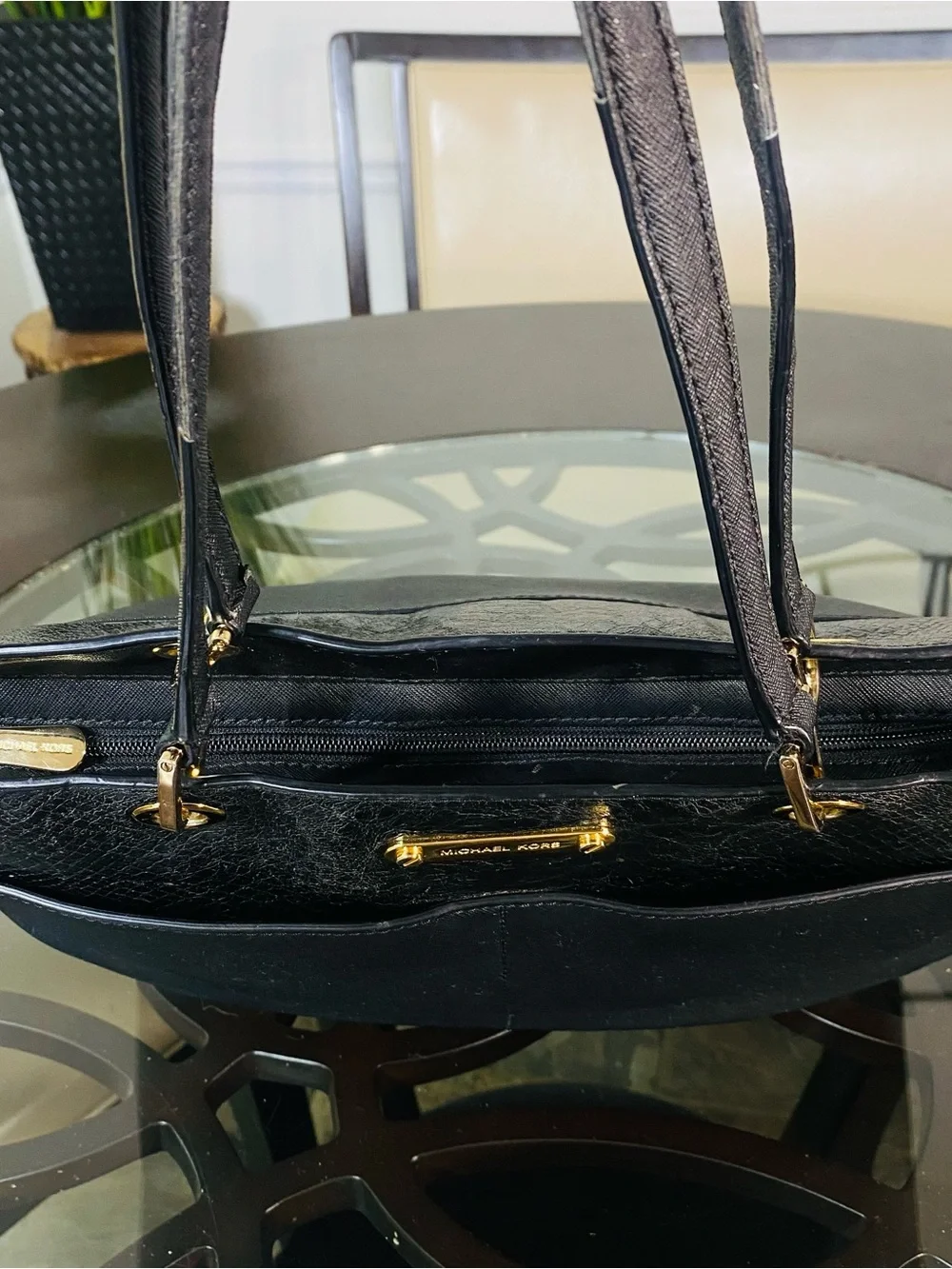 Michael Kors DANVILLE Leather Large Black Tote Shoulder Bag Black/Gold - Picture 7 of 11